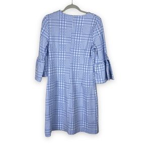 Tyler Boe Blue Houndstooth Knit Shift Dress Size Medium Bell Sleeve Modest $165